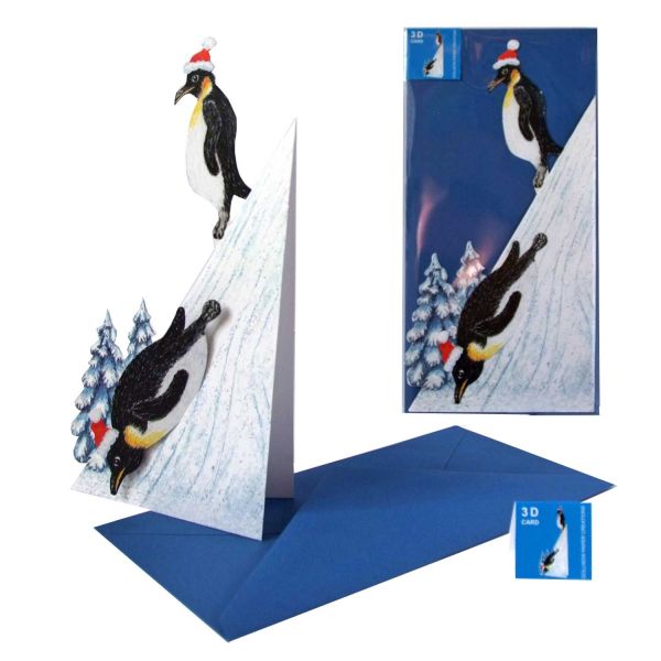 3d-Weihnachtskarte Pinguine am Berg